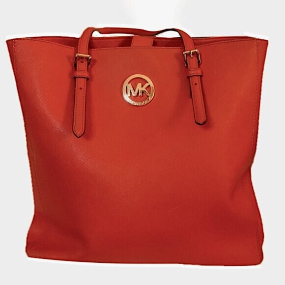 Michael Kors Jet Set Travel Tote Bag Mandarin Orange Leather EUC - Picture 1 of 11